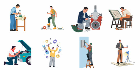 Skilled professionals performing diverse technical tasks, including engineering, automotive repair, and mechanical assembly, showcasing craftsmanship and problem-solving.