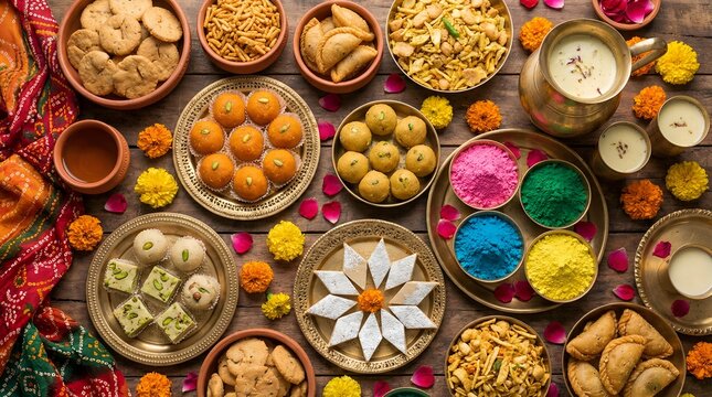 Festive flat lay of Holi festival food, sweets, and powder colors with ethnic fabric.