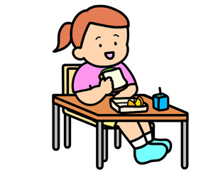 学校生活　机でランチをとる茶髪の女の子（サンドイッチ）