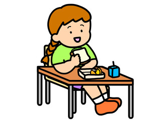 学校生活　机でランチをとる茶髪の女の子（サンドイッチ）