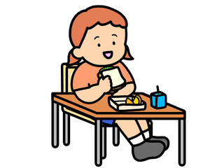学校生活　机でランチをとる茶髪の女の子（サンドイッチ）