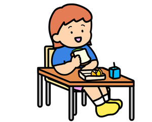 学校生活　机でランチをとる茶髪の女の子（サンドイッチ）