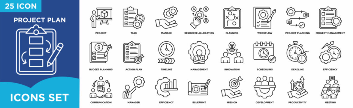 Project plan line icon set featuring task management, resource allocation, workflow, scheduling, timeline, deadline, productivity, and project development for business management.