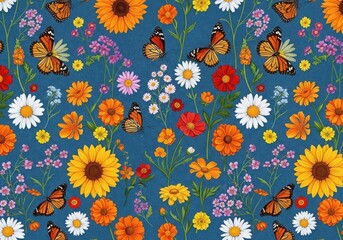 Fototapeta premium Vibrant floral pattern with butterflies on blue background