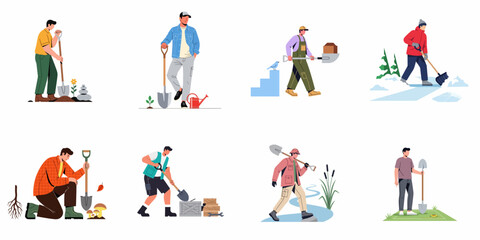 Naklejka premium Men Working with Shovels in Diverse Seasonal and Labor Settings: Gardening, Construction, Snow Removal, and Outdoor Tasks