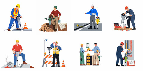 Collection of diverse construction workers in safety gear operating jackhammers and other tools for demolition, road work, and building tasks. © Nadya