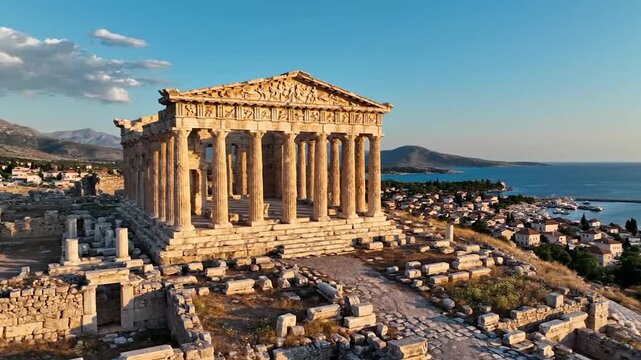 Majestic ancient Greek temple ruins on a coastal hill at sunset.