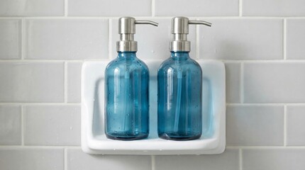 Obraz premium Two blue glass soap dispensers on a white tray