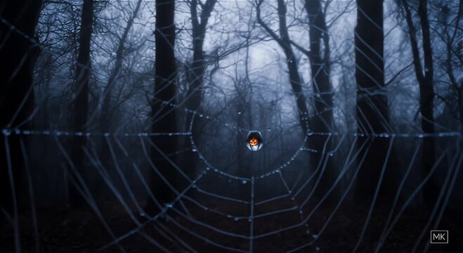 A single spider web glistening with dew drops in a misty forest creating a magical and ethereal atmosphere