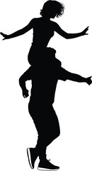 Silhouette of energetic young couple dancing together, woman lifted on man's shoulders, dynamic movement pose isolated on white background, modern lifestyle and celebration concept