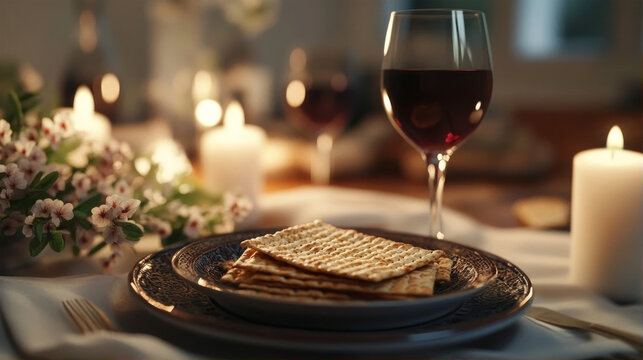 Elegant Jewish Passover Seder table with matzah unleavened bread on a plate, a glass of red wine, white candles, and spring flowers in a warm atmospheric setting for the Pesach holiday