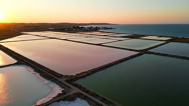 Aerial view of colorful salt evaporation ponds at sunset by the sea