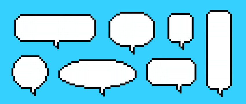 Empty pixel text boxes. Seven pixelated chat frame collection. Retro 8 bit border shape pack for speach box bubble, message cloud, communication dialog, talk balloon. Vector illustration bundle