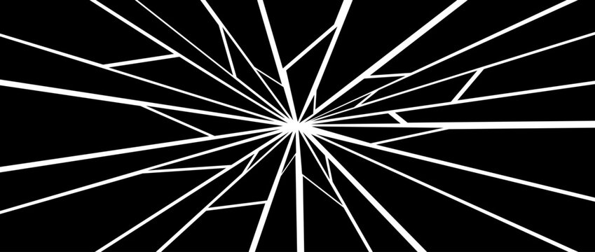 Black grunge broken texture. Damaged shattered glass effect background. Radial cracked lines explosion pattern. Fractured triangle fragments, pieces, shatters concept. Vector debris illustration