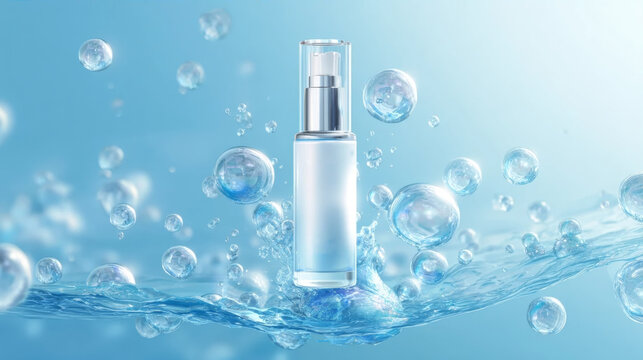 3D mockup of a white cosmetic spray bottle on a dynamic water splash with floating bubbles and blue background