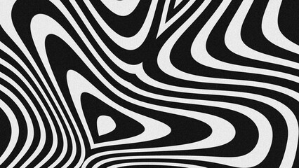 Abstract black and white wavy lines pattern with grainy texture. Elegant monochrome geometric background featuring curved metallic ridges and cinematic shadows.