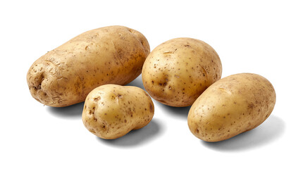 a group of four raw, unpeeled potatoes presented against a stark transparent background, highlighting their earthy tones and textured skin with detailed clarity.