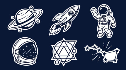Cosmic Space Exploration Vector Icons Set: Astronaut, Rocket, Saturn Planet, Helmet, and Constellation Stickers for Science & Adventure Designs © Uprook