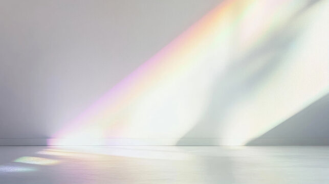 Minimalist empty white room interior with natural rainbow prism light refraction and soft shadow on the wall for product mockup background