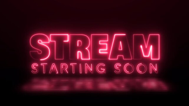 Animated stream be starting soon text in pink color neon  on dark floor background. Perfect foror live stream intros and holding screens. 4k resolution