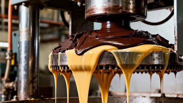 Hydraulic press compresses rich cocoa liquor releasing creamy butter in smooth liquid streams against industrial equipment backdrop.