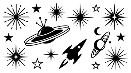 Retro Space Icons Set: Stars, UFO, Rocket, Planets & Moon. Mid-Century Modern Celestial Elements for Design © Uprook
