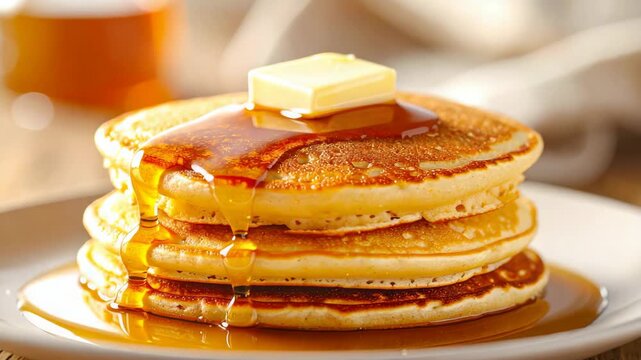 Delicious stack of golden pancakes with melting butter and maple syrup