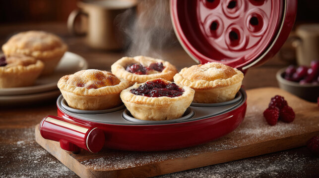 Red electric pie and tart maker with steaming fresh berry pastries on a wooden cutting board in a cozy kitchen setting with scattered fruit