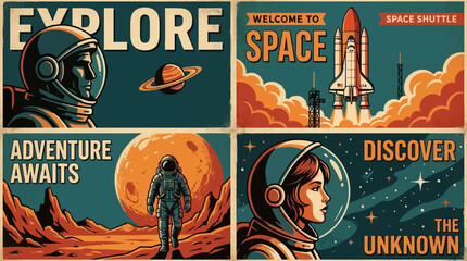 Retro Space Exploration Posters Set: Vintage Astronauts, Rocket Launch, and Cosmic Adventures – Explore the Unknown © Uprook