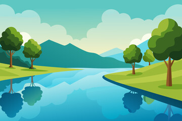 Naklejka premium Peaceful Riverside Landscape with Summer Trees and Clear Sky 