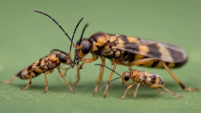 An extreme macro close-up reveals a captivating scene of three insects on a lush green leaf. A larger insect, featuring intricate yellow and black striped patterns and translucent wings, engages in a 