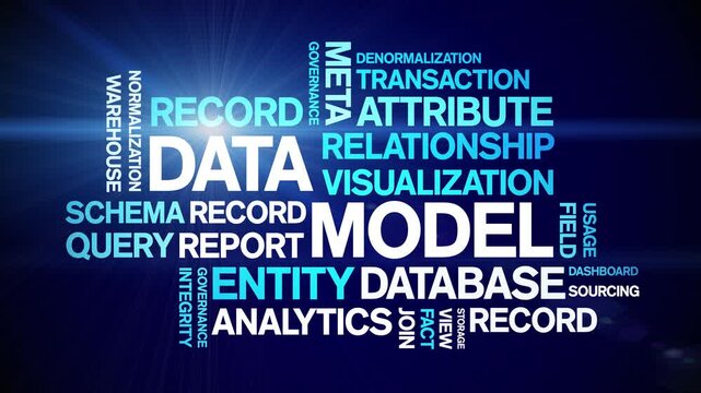 Data Model animated word cloud-text design animation tag kinetic typography seamless loop.