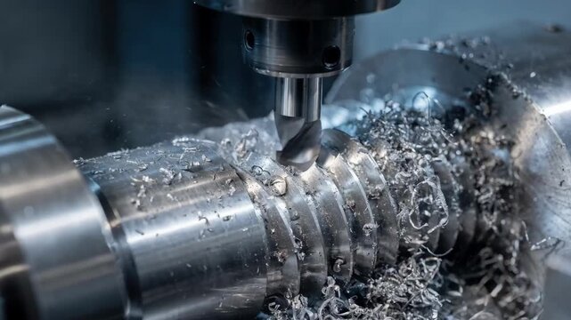 Close medium shot of lowspeed thread milling on titanium highlighting smooth tool engagement and slow controlled metal removal with minimal debris.