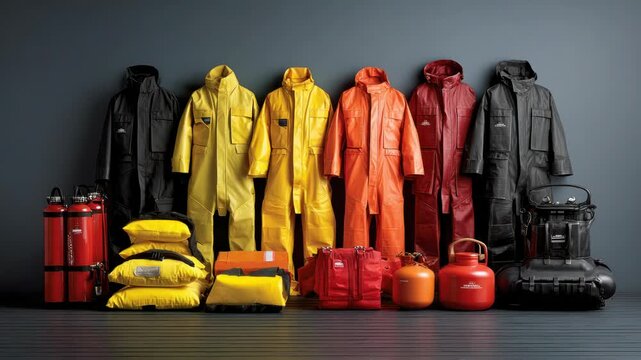 Group of professional safety gear, suits, and equipment in a studio shot