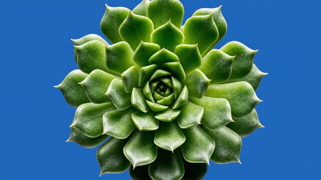 Close-up of a vibrant green succulent plant rotating slowly against a solid blue background, showcasing its intricate rosette pattern and fleshy leaves in a minimalist and clean aesthetic.