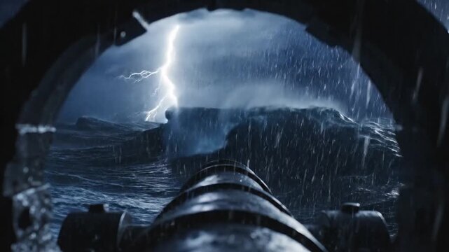 Cannon aiming at stormy ocean with dramatic lightning from a ship's gunport