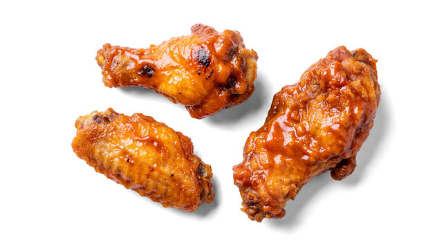 a close-up studio shot captures three delicious barbecue chicken wings and a drumstick, glistening with sauce and char marks, isolated on a plain transparent background.