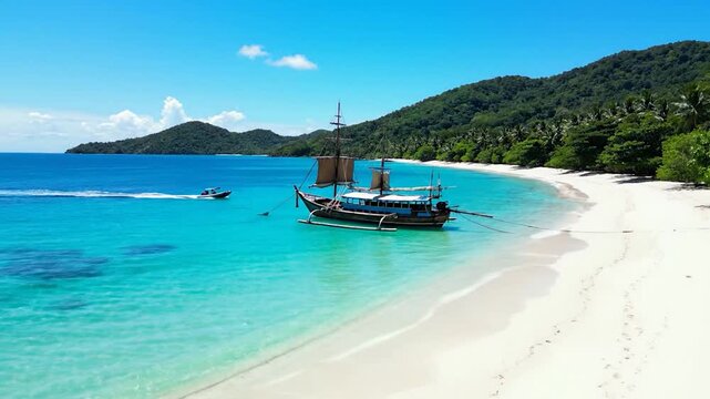 Idyllic tropical beach: white sand, turquoise sea, traditional boat, green hills