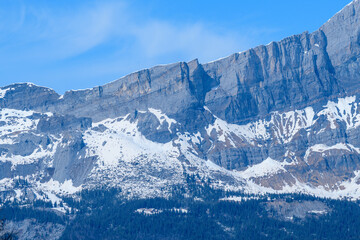 Obraz premium Massive limestone escarpment of Tete a l'Ane rises above snowy alpine slopes and dark conifer forest, with crisp spring light under a clear blue sky.