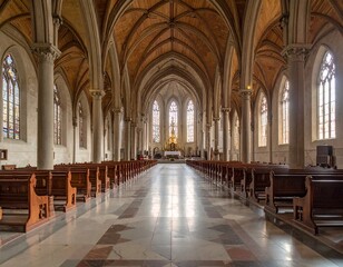 Obraz premium Interior view of a grand cathedral with arched ceilings and rows of pews.