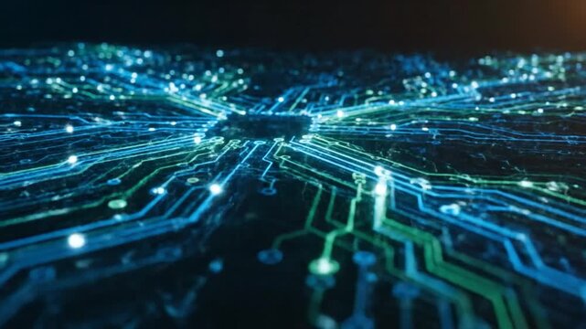 Abstract digital circuit board with glowing blue and green lights, futuristic technology concept