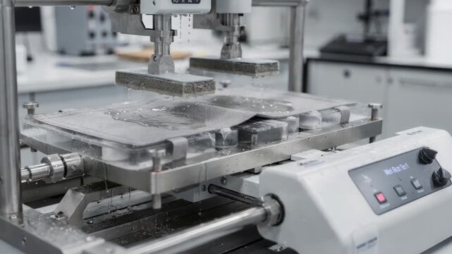 Medium shot showcasing wet rub testing on bag materials with automated machines applying moisture and abrasion to measure fabric resistance.