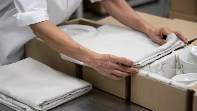 Medium frame capturing gentle placement of textile liners in fragile goods boxes emphasizing careful handling and delicate protection for breakables.