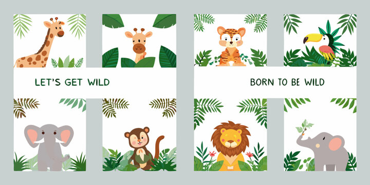 Colorful illustration featuring various jungle animals and tropical foliage
