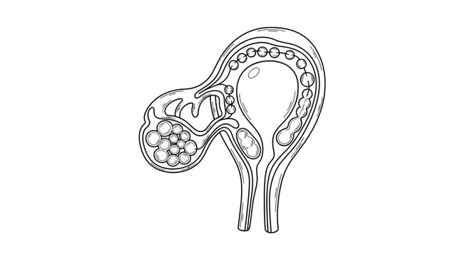 Uterus anatomy illustration with fibroids and ovarian cyst, medical diagram