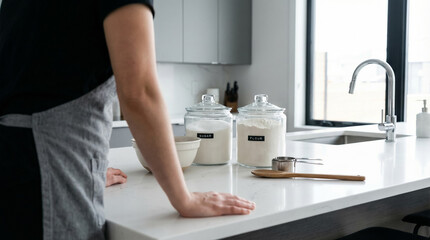 Kitchen Counter With Sugar And Flour Storage Jars And Cooking Tools