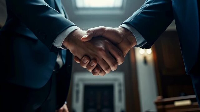 White executives finalize courtroom settlement handshake under ornate skylight, closeup on suited hands clasping, wooden benches and carved architecture frame scene, firm grip conveys resolution,