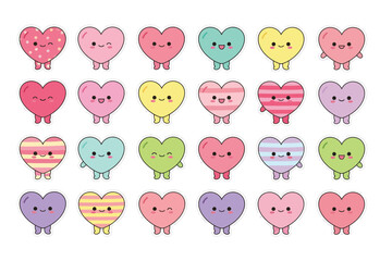 Cute Cartoon Hearts with Various Expressions and Patterns in Pastel Colors on White Background for Valentines Day Greeting Cards