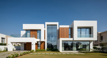 Modern Indian house with white cubic architecture and wood panel