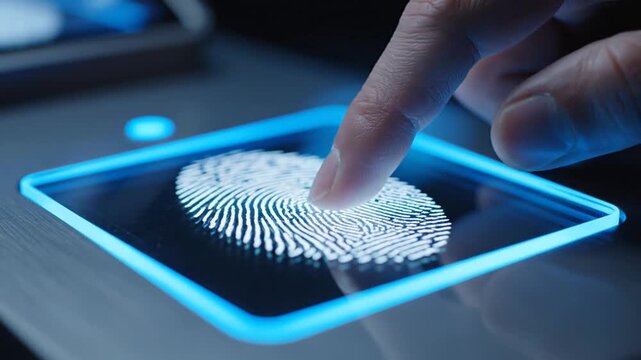 Close-up of human finger interacting with a glowing blue futuristic touch interface panel